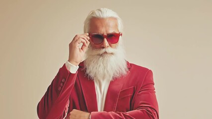 Elegant man with white beard wearing red blazer, turtleneck and red sunglasses. Modern Santa Claus look. Trendy and contemporary concept for Christmas holidays - Powered by Adobe