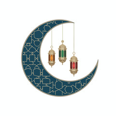 Crescent moon and three colorful arabic lanterns, intricate islamic arabesque pattern, vector illustration for ramadan eid celebration greeting card background design.