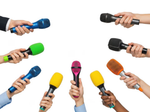 Many hands holding colorful microphone for interview isolated on transparent background