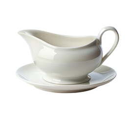 White ceramic gravy boat with saucer isolated on transparent background