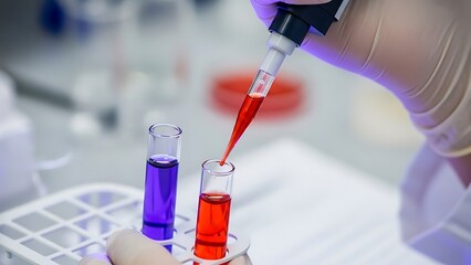 Scientist in a lab using a micropipette to transfer red liquid into a test tube for an experiment