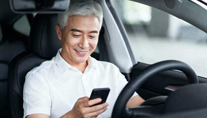 Middle aged East Asian man smiling while using smartphone in car man, middle aged, east asian, smiling, happy, smartphone, mobile phone, car, driving, technology, communication, connection, modern, in