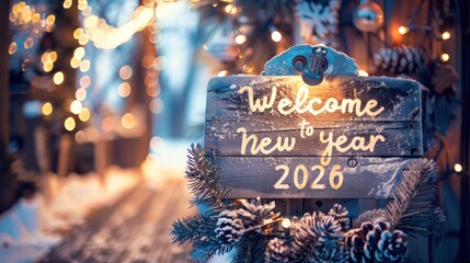 New year 2026 welcome sign with festive holiday lights and decorations