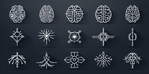 Artificial intelligence brain circuit board icons set