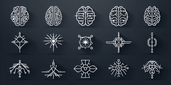Artificial intelligence brain circuit board icons set