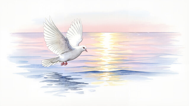 White dove gliding over calm ocean waters, peaceful and tranquil, delicate watercolor painting with soft pastel sky colors