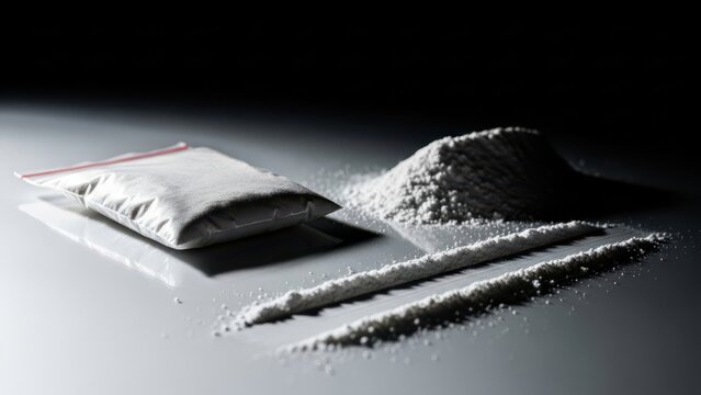 Plastic packet, two lines and pile of cocaine on black background