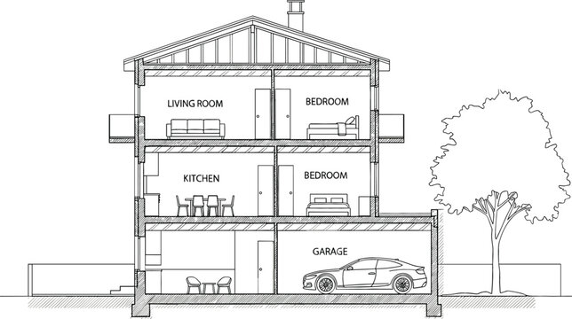 Architectural cross section of a modern house with living room kitchen bedrooms and garage