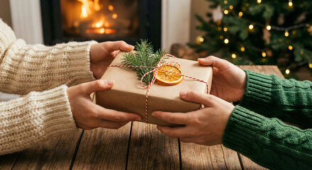 Hands Giving Rustic Holiday Gift by Fireplace &ndash; Festive Christmas Moment