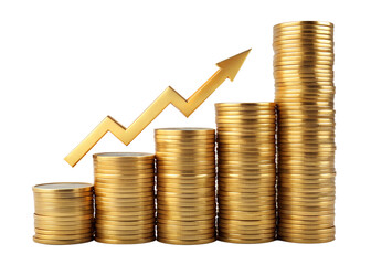 Golden coin stacks with upward arrow representing financial growth isolated on transparent background