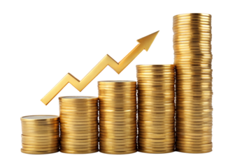 Golden coin stacks with upward arrow representing financial growth isolated on transparent background