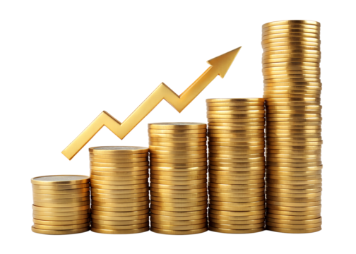 Golden coin stacks with upward arrow representing financial growth isolated on transparent background