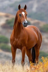 Fototapeta premium Majestic Arabian Horse Standing Proudly in Sunlit Valley, Showcasing Its Powerful Stature and Grace
