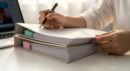 Person Writing in Binder with Laptop Nearby.