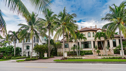 Fototapeta premium Real estate lifestyle shot of a beautiful two-story house with tropical plants and a street corner view under heavy grey clouds.