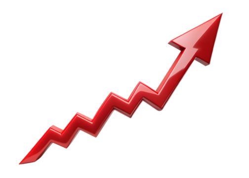 Red zigzag arrow pointing upwards indicating growth isolated on transparent background