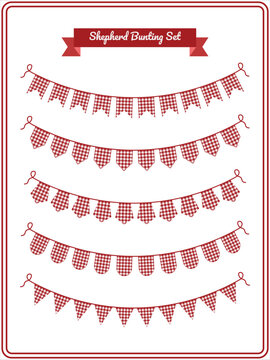 Red Shepherd Check Bunting Vector Set Rustic Gingham Party Garland Decorative Pennant Flags