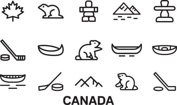 Canada outline icons set on transparent background canadian travel tourism symbols