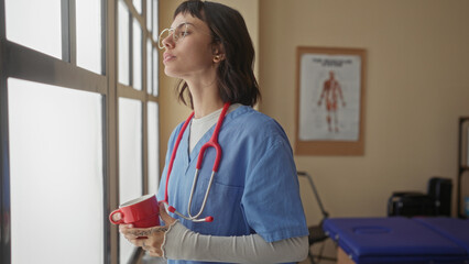 Woman nurse wearing blue scrubs and stethoscope holds red mug with both hands at bright window in clinic; serenity.