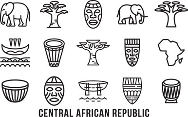 Central african republic line icon set showing culture symbols animals masks drums trees and map contours.