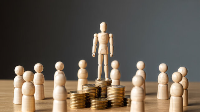 Wooden figure standing on coins surrounded by others