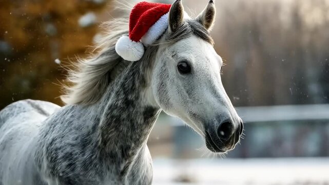 White horse wearing a Christmas hat gallops in a snowy landscape with golden autumn trees in the background during winter