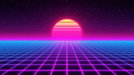 Retro futuristic neon sunset with grid landscape and starry sky