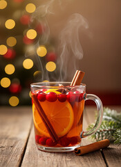 Hot punch drink. Hot spiced drink with orange and cinnamon in glass mug on wooden table  