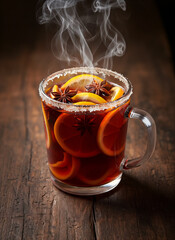 Hot punch spiced drink with orange slices and star anise in glass mug  