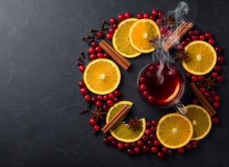 Hot punch drink. Hot spiced drink with oranges and cranberries on dark background  