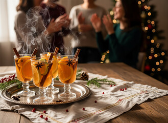 Hot punch drink. Festive drinks on a silver tray with friends celebrating indoors  