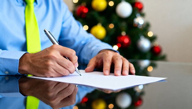 Man writing on paper with Christmas tree background man, hands, writing, paper, pen, desk, table, reflection, blue shirt, green tie, christmas tree, ornaments, red ornaments, white ornaments, yellow o