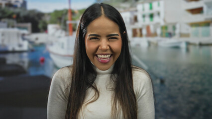 Smiling hispanic woman in a white sweater at a seaside location with boats and buildings in the background.