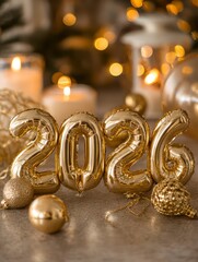 Photograph depicting the text 2026 formed from gold foil balloons, surrounded by festive new year's decorations