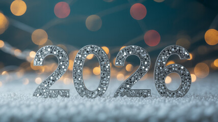 Sparkling silver 2026 numerals on snow festive bokeh background celebrating the New Year