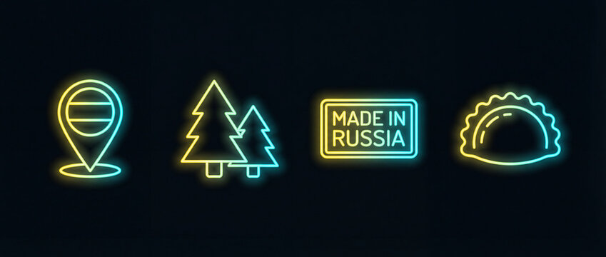 Set line Location Russia, Christmas tree, Made in and Dumpling. Glowing neon icon. Vector