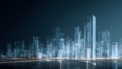 Digital cityscape with modern skyscrapers and glowing blue vertical lines representing data flow and technology against a dark background