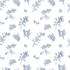 Seamless Lingonberry Branch Pattern. Hand drawn botanical vector illustration

