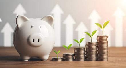 Piggy Bank and Growing Plants on Stacked Coins Illustrating Financial Growth.