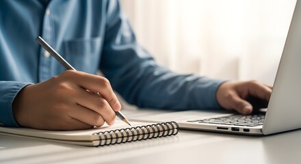 Fototapeta premium Person Writing Notes While Using Laptop Computer.