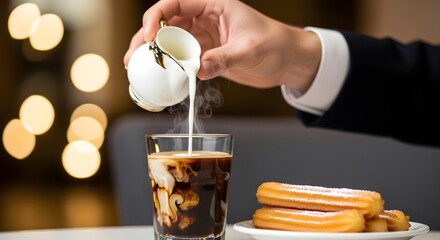 Pouring Cream into Iced Coffee with Churros on the Side.
