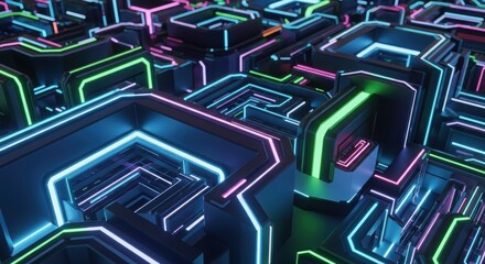 Futuristic neon glowing circuit board with 3D geometric patterns