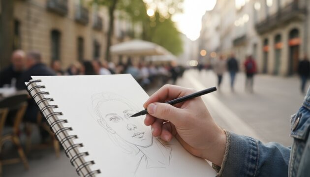 Artist sketching portrait outdoors in lively city street during mild evening