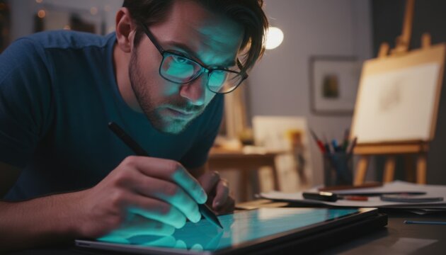 A focused artist drawing on a digital tablet in a studio illuminated by soft light symbolizing creativity technology and modern design work
