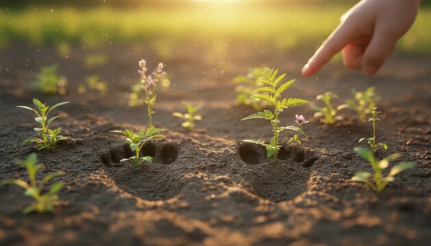 Young plants growing within footprints in soil symbolizing renewal and hopeful beginning on a sunny day