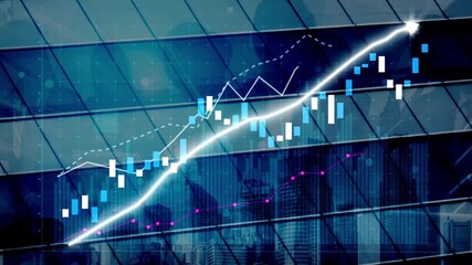 Dynamic visualization of financial growth featuring colorful charts and graphs set against a modern glass building, symbolizing market trends and economic progress. Copula