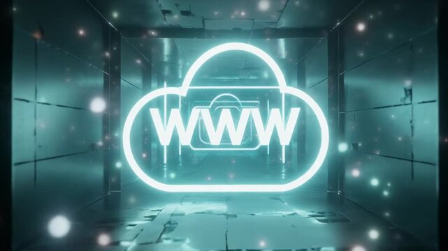 Futuristic digital gateway with a glowing www cloud icon, representing http protocols and access to com and se domains in a cinematic cyber tunnel