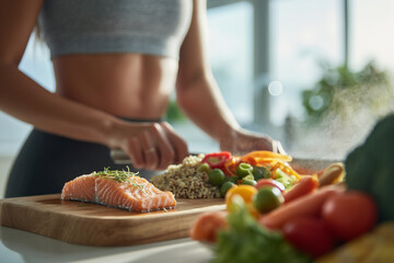 Southeast Asian woman preparing a healthy post-workout meal in a bright kitchen. Fresh, authentic wellness lifestyle with natural sweat and vibrant whole foods. Woman preparing balanced post-workout m