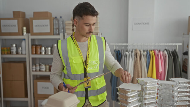 Young man wearing reflective vest volunteers in a charity center surrounded by donation boxes and food packages, checking inventory on a clipboard. - Powered by Adobe