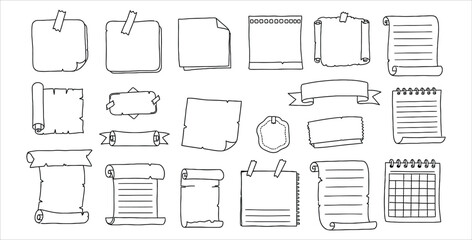 Collection of hand drawn paper sheets and scrolls for notes and messages in black line